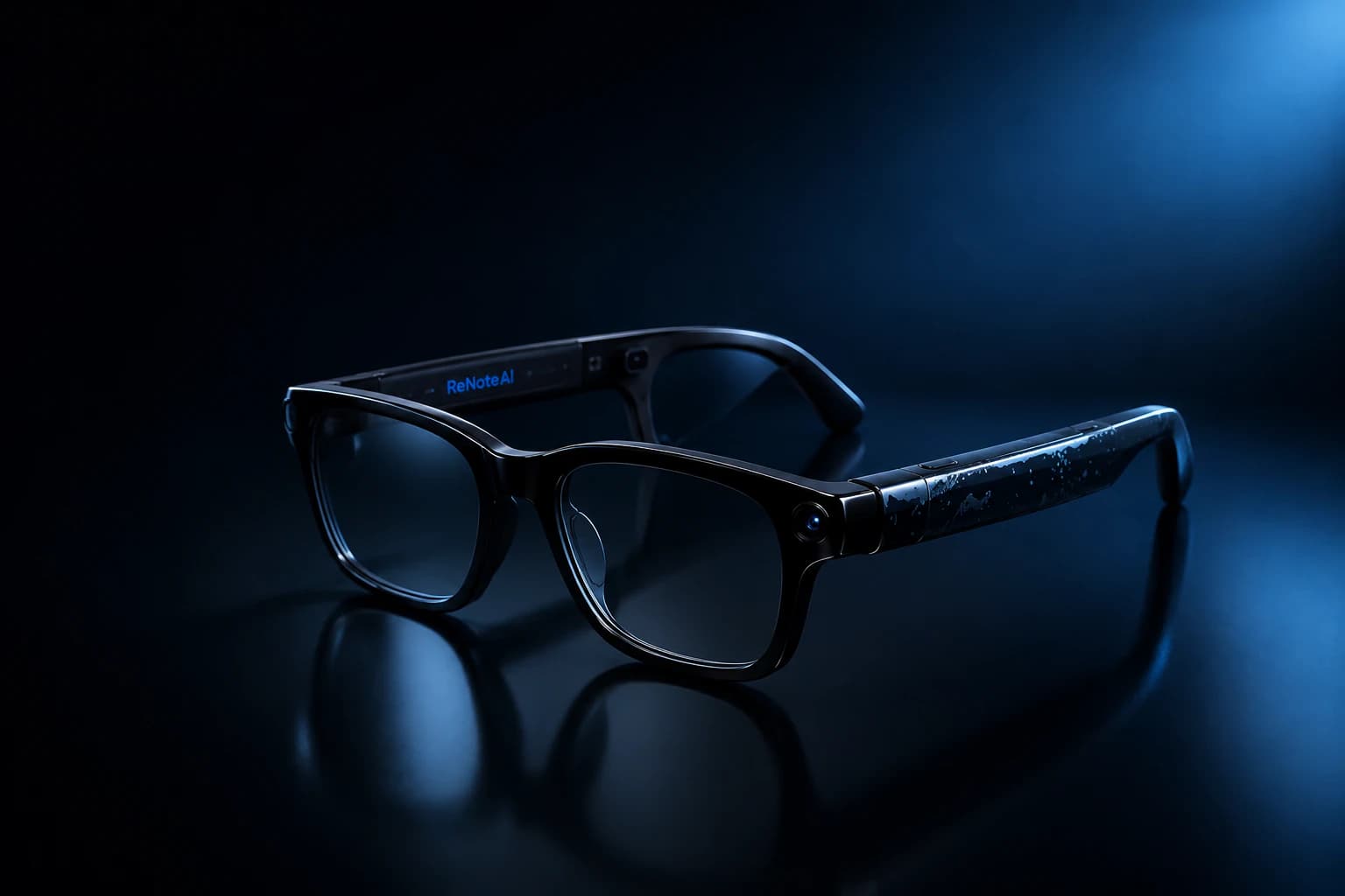 Sleek futuristic ReNote AI smart glasses on a dark reflective surface with a teal-blue glow