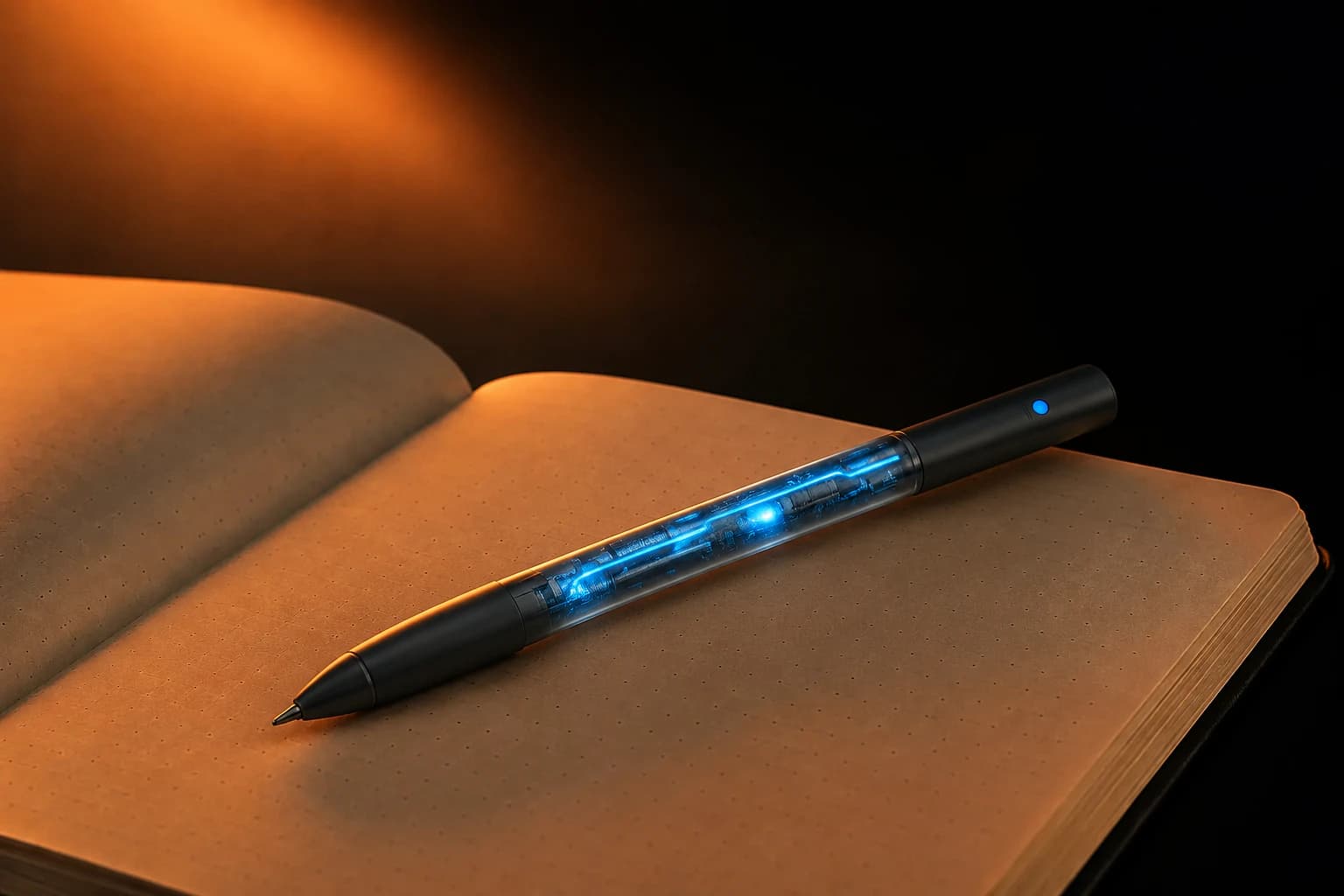 Sleek AI smart pen resting on an open notebook under a warm amber studio glow