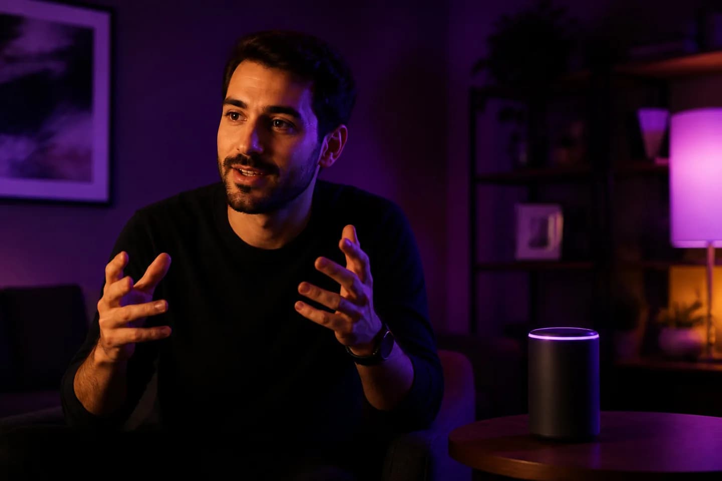 Person speaking in a softly lit dark room with a ReNote Voice device nearby