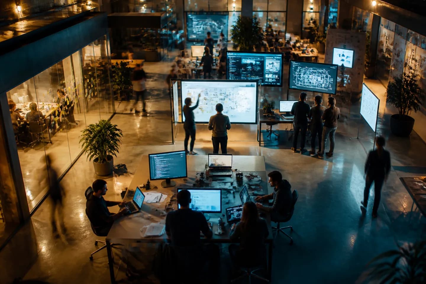 A modern tech research studio with people collaborating around glowing screens