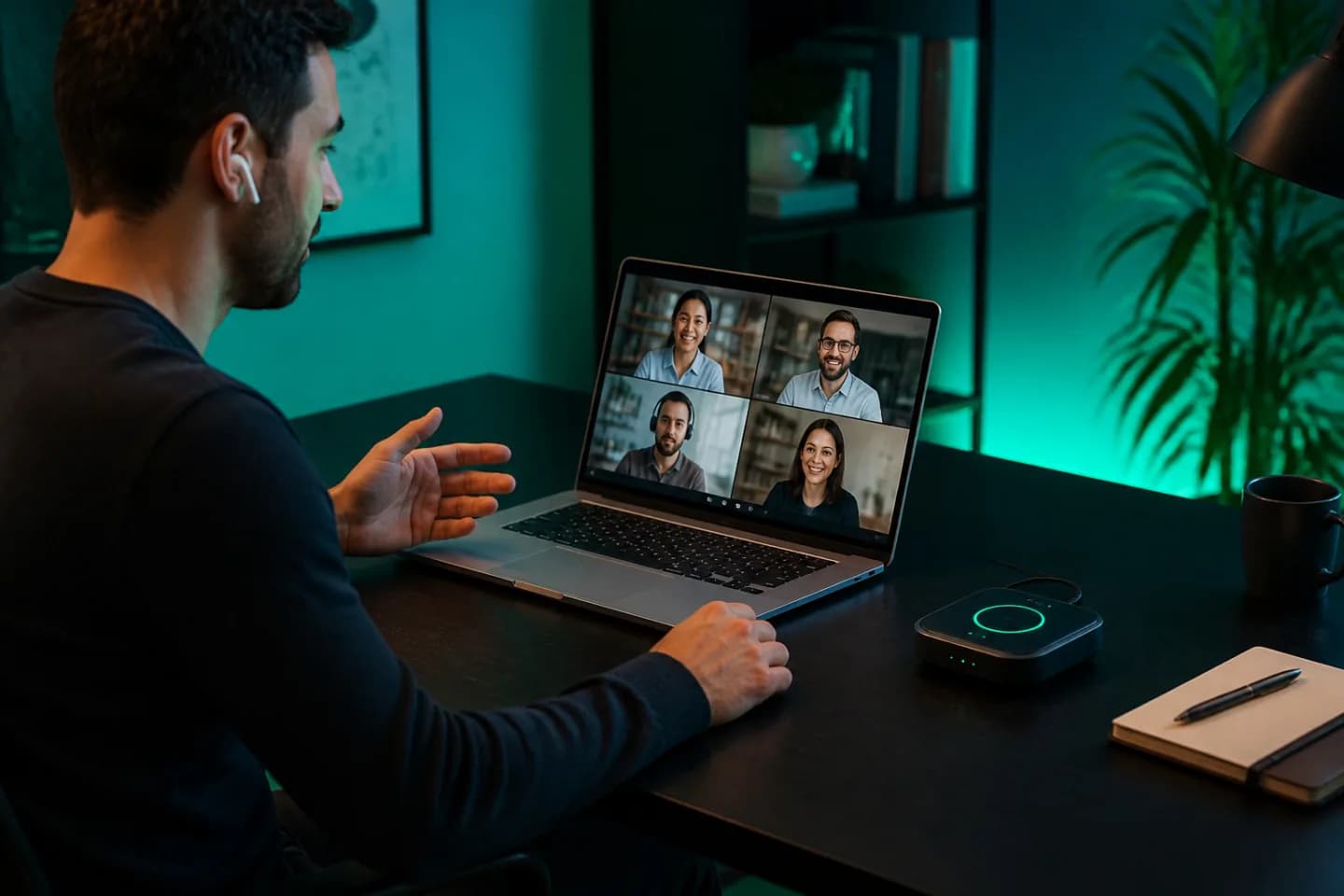 Professional at a dark desk on a video call with a sleek AI meeting device, green-teal studio lighting