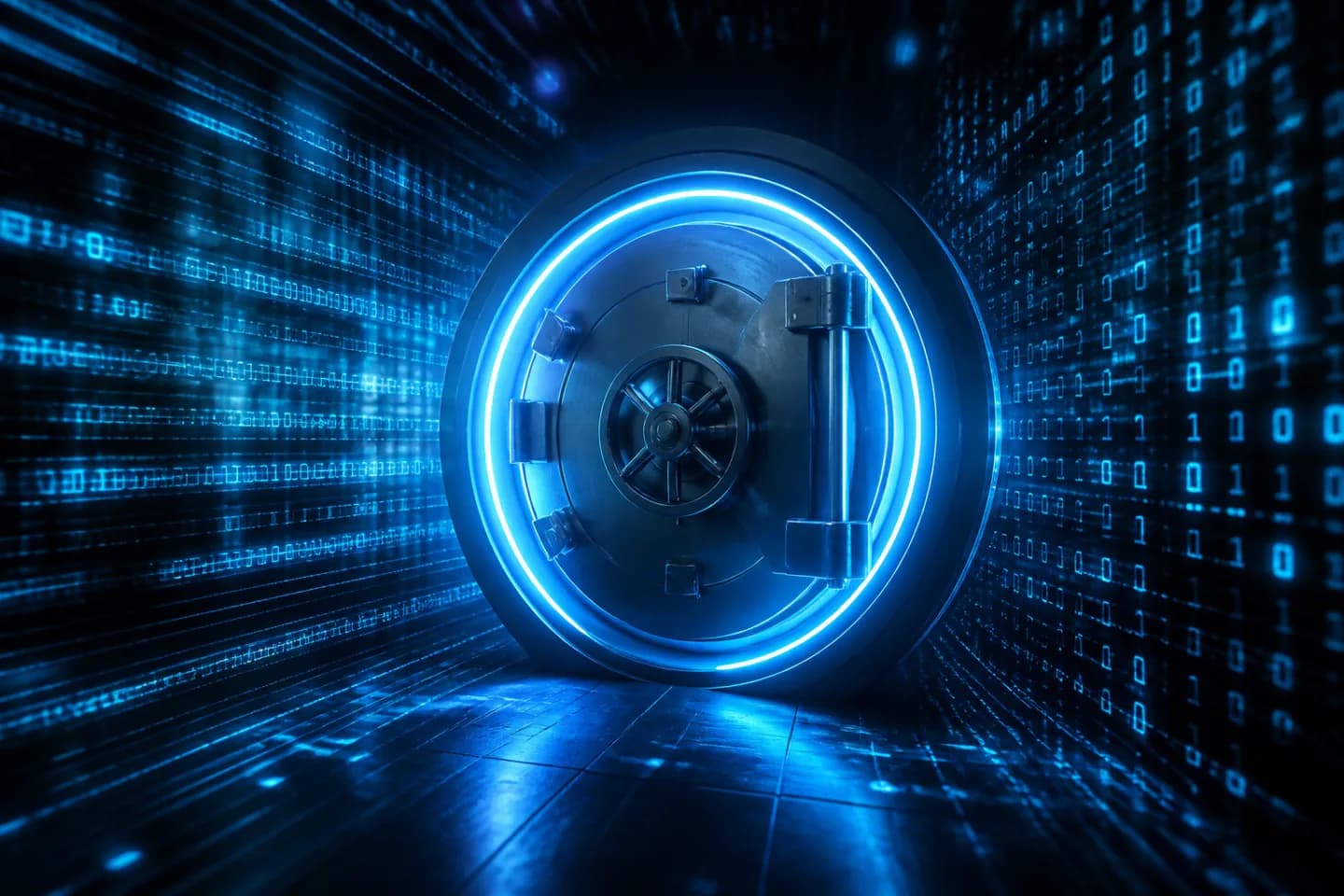 A glowing secure digital vault surrounded by encrypted data streams