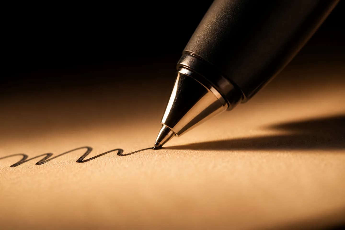 Extreme close-up of a smart AI pen tip writing on paper under warm amber light