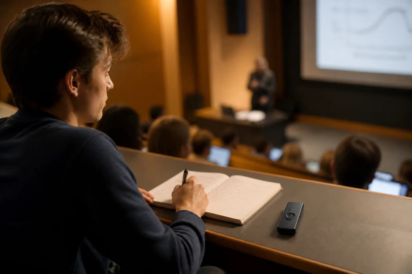 Student in a lecture hall with a sleek recording device on the desk