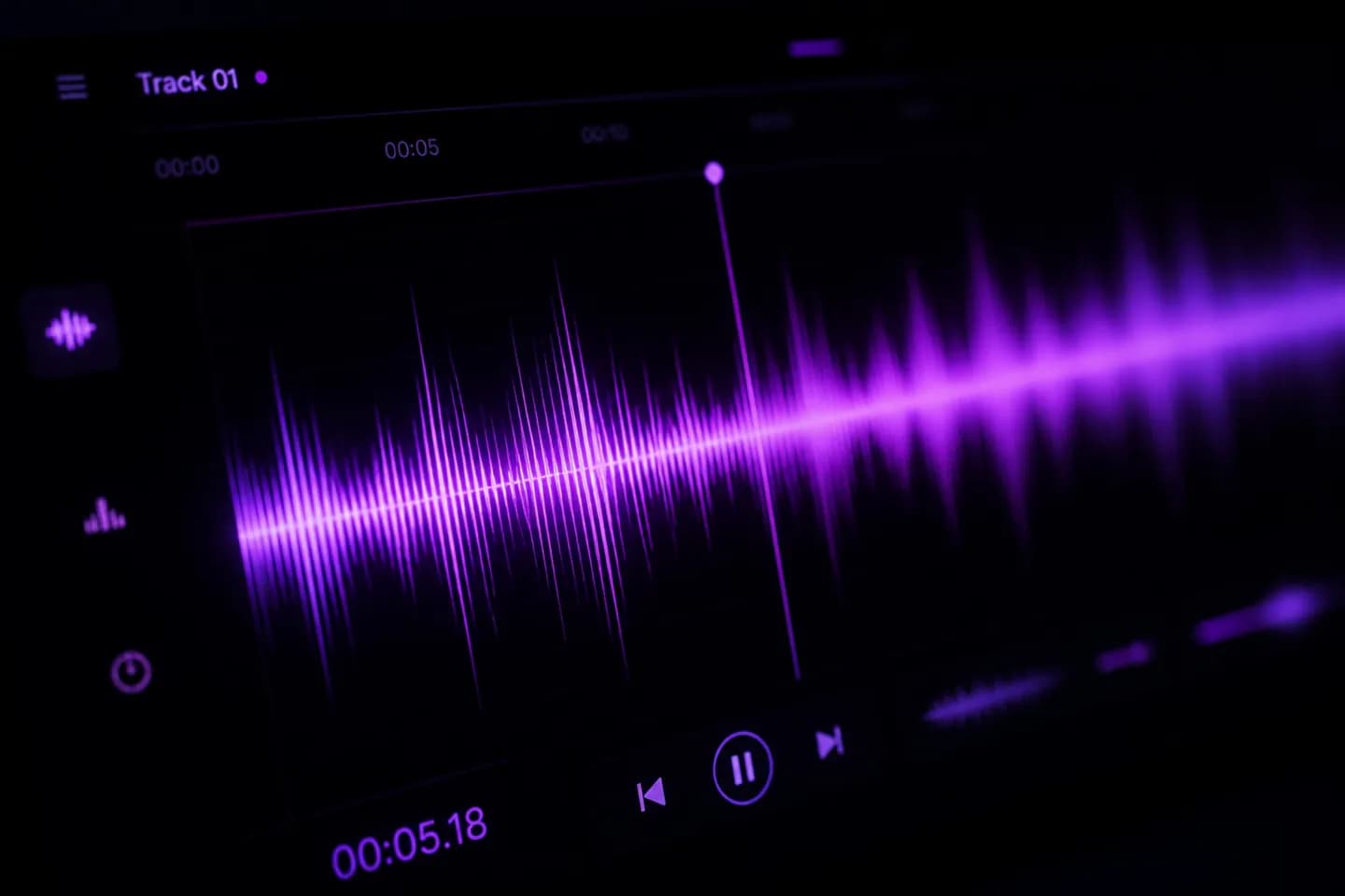 Close-up of a purple audio waveform glowing on a dark screen