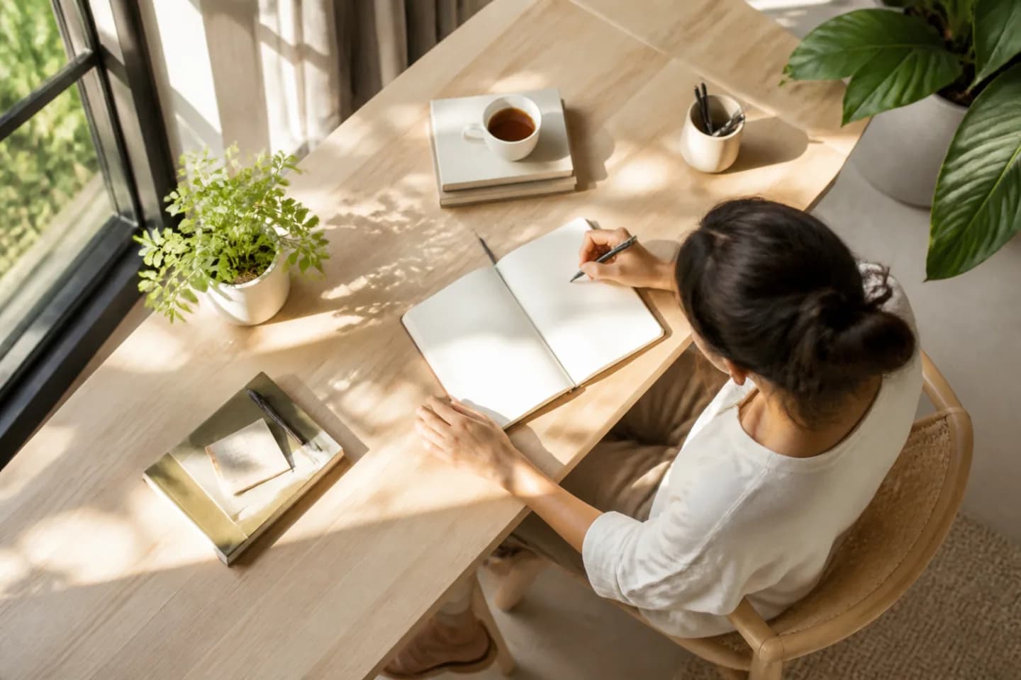 Aerial view of a person writing in a notebook at a glowing desk in a dark room