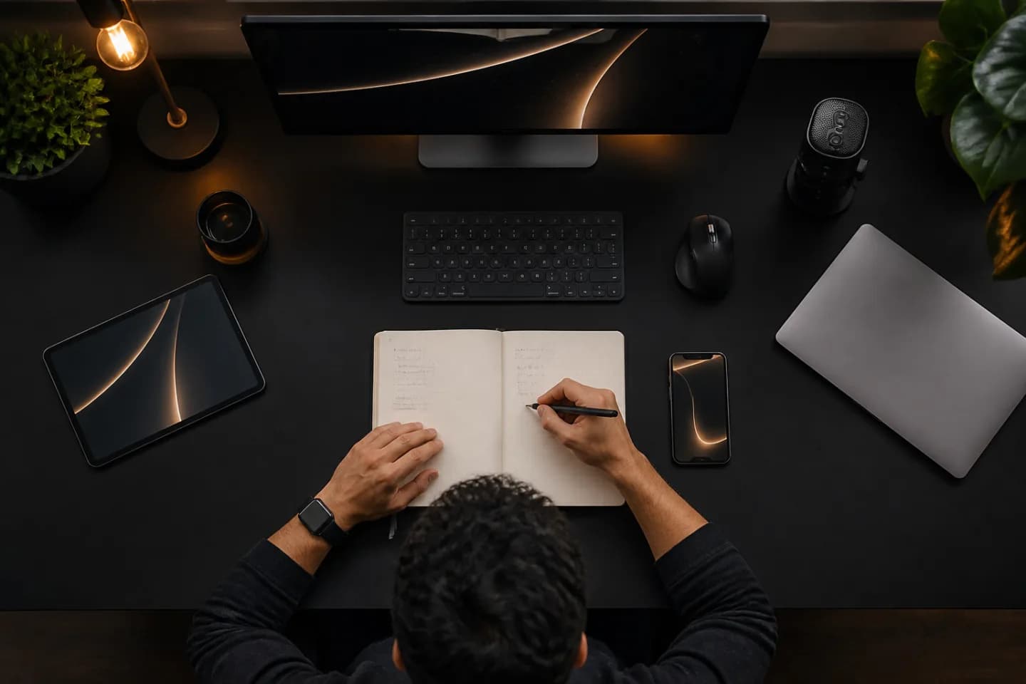Aerial view of a person at a minimal desk surrounded by glowing ReNote products