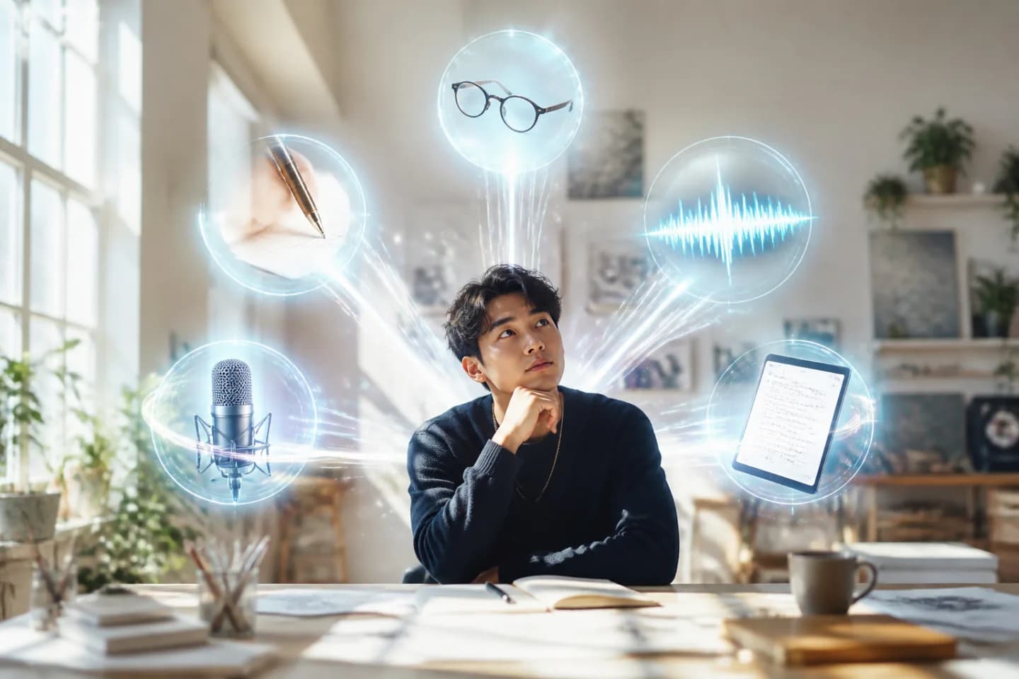 A person at the center, surrounded by glowing representations of the five senses merging into one beam of light