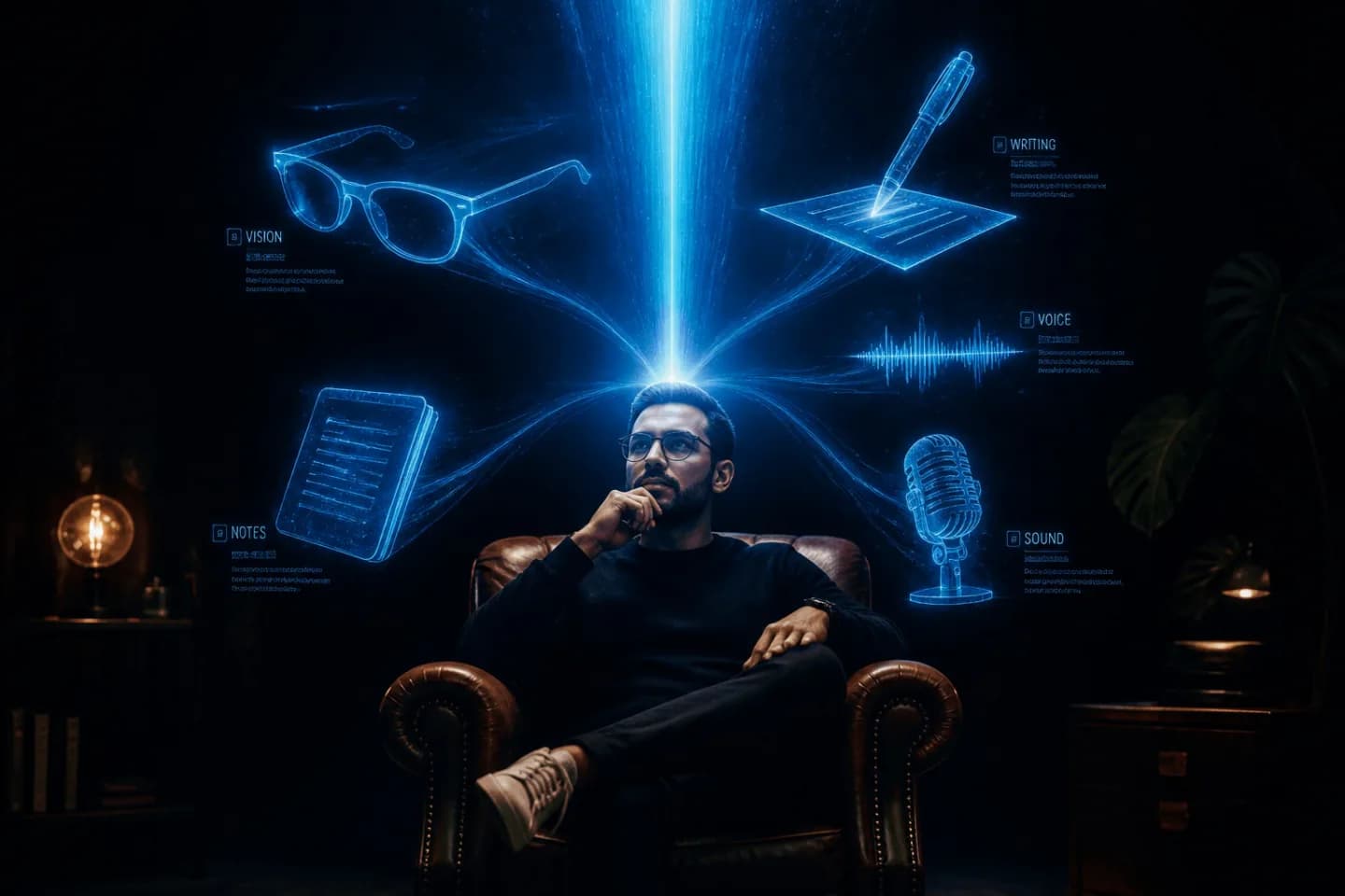 A person at the center, surrounded by glowing representations of the five senses merging into one beam of light