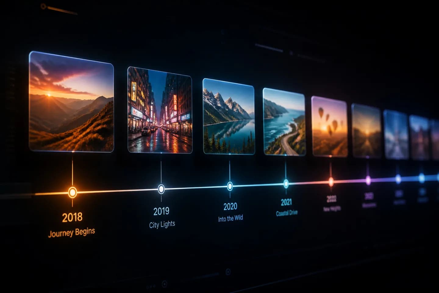 Dark timeline interface with glowing photo thumbnails organized chronologically