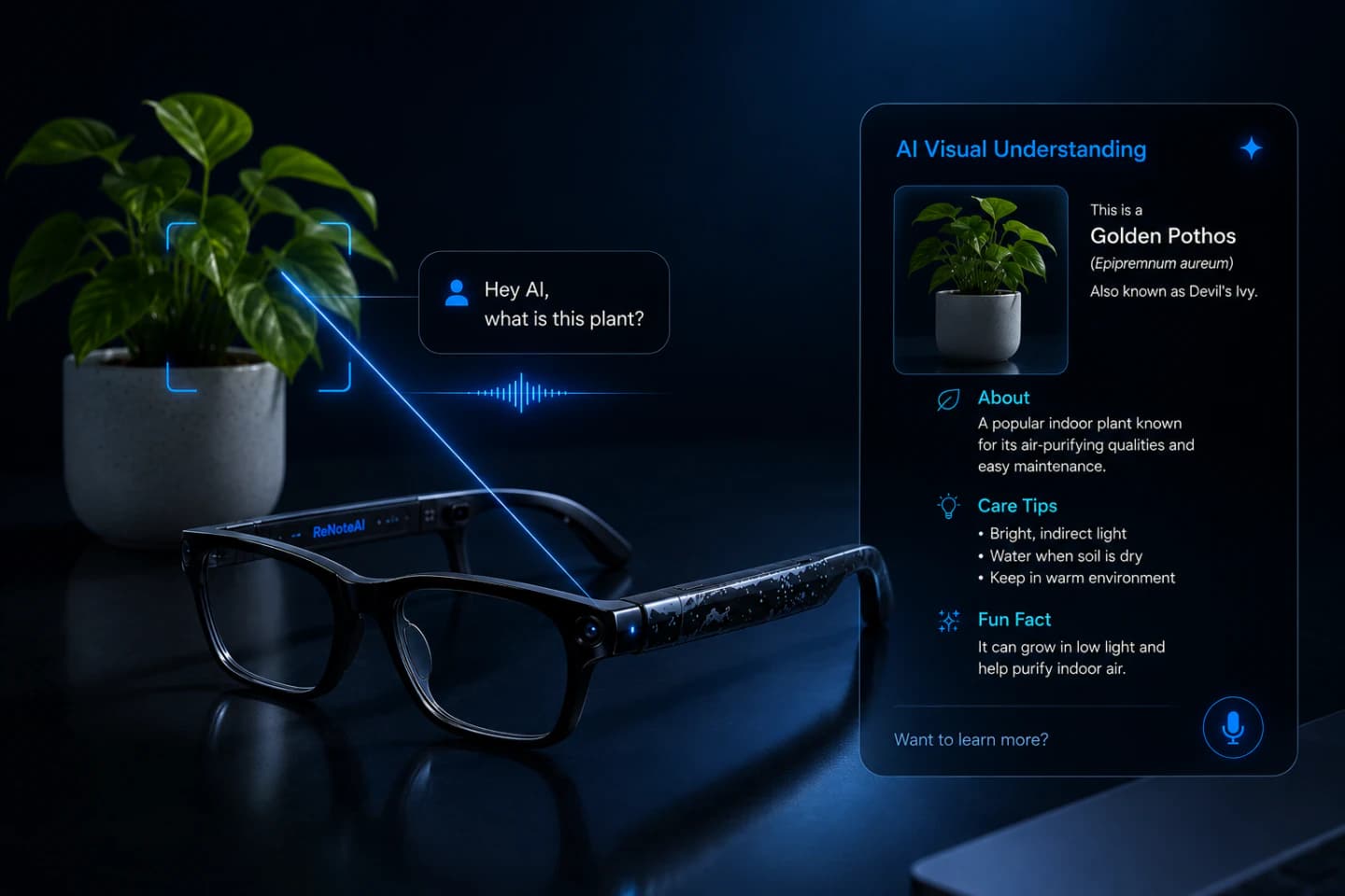POV through AI smart glasses showing a city street with subtle holographic overlays