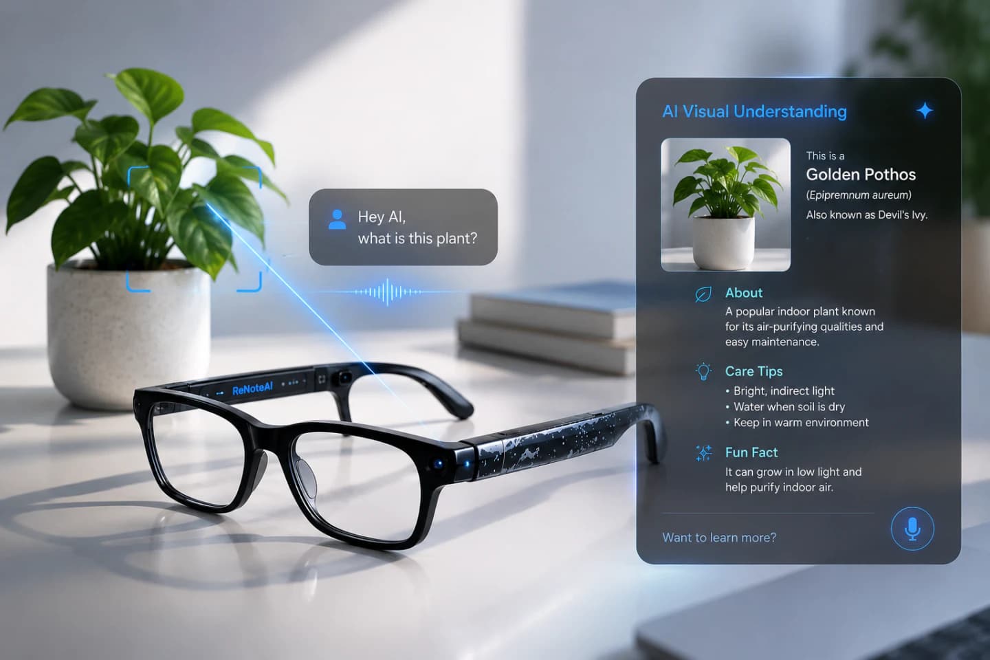 POV through AI smart glasses showing a city street with subtle holographic overlays