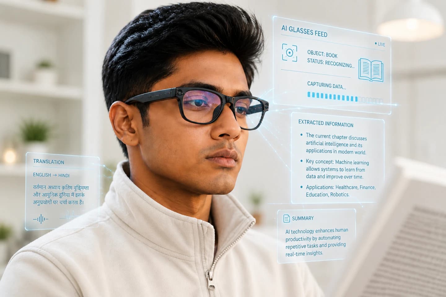 Close-up of a person wearing futuristic ReNote AI glasses in a city at dusk