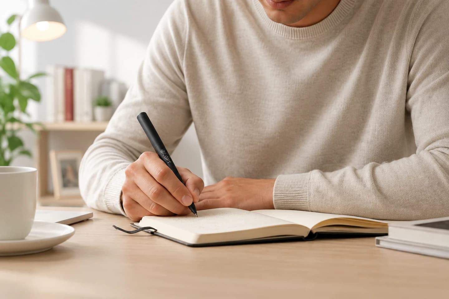 Person writing with a sleek AI smart pen in a warmly lit dark studio