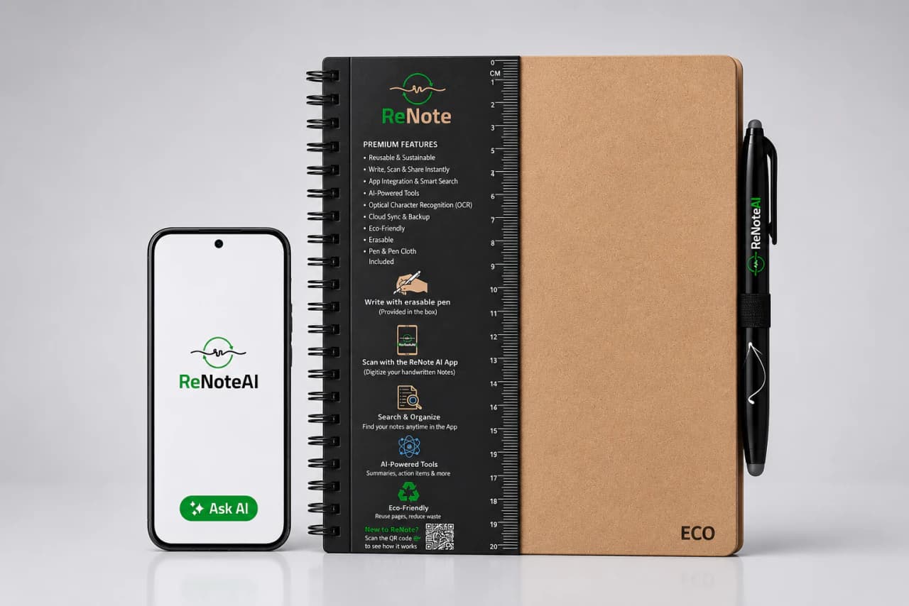 Eco-friendly ReNote notebook with natural texture on a dark background with a green accent