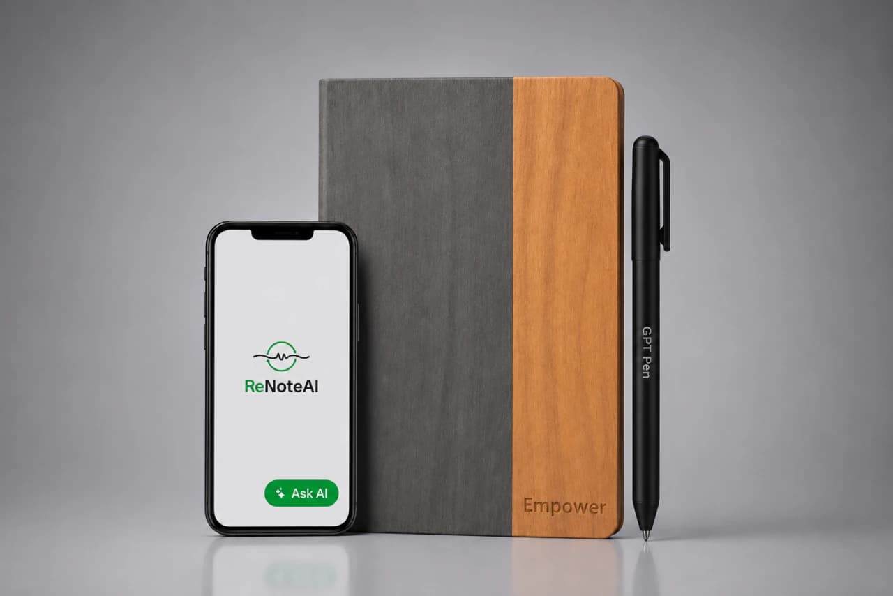 Professional notebook with integrated power bank for uninterrupted productivity on the go.