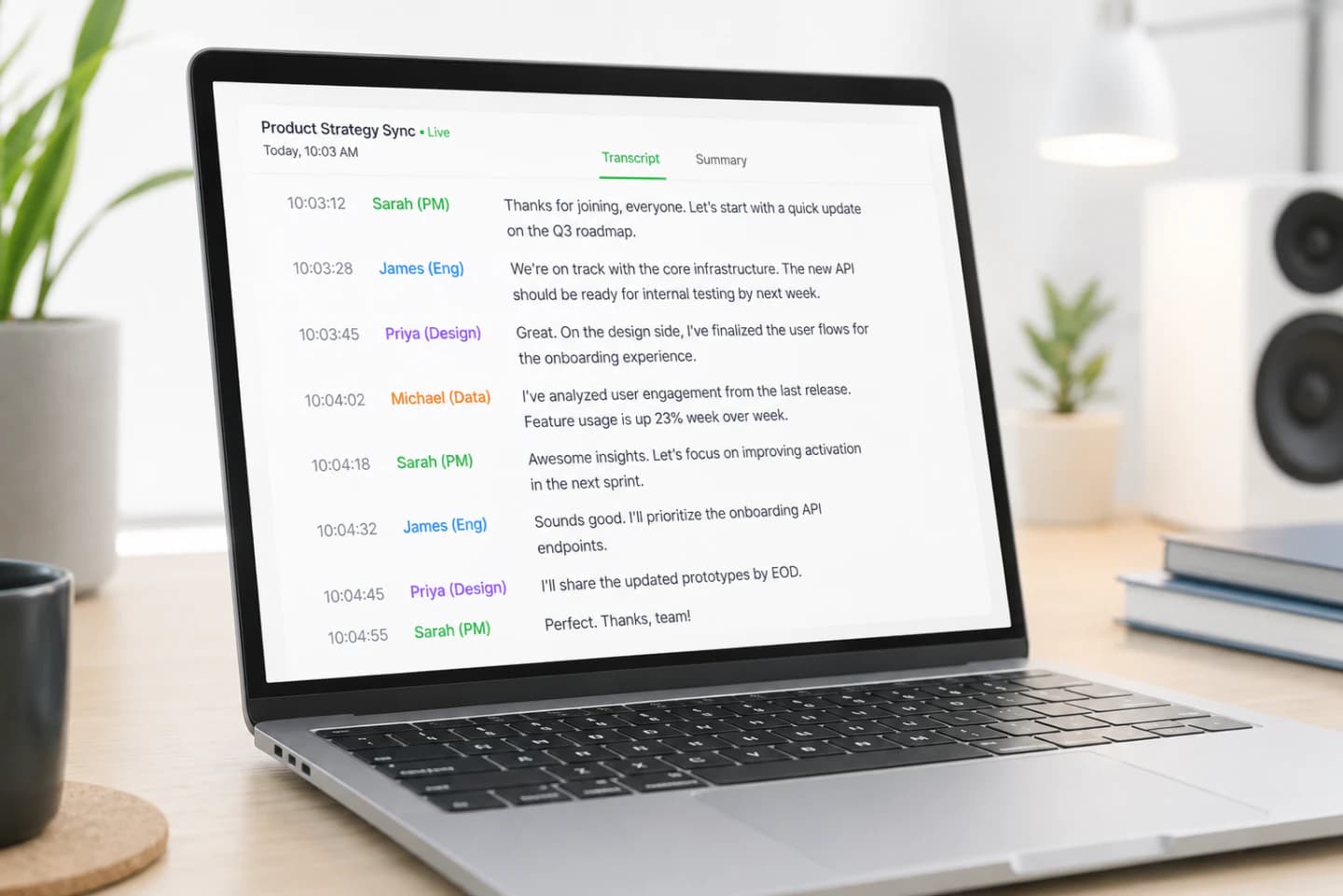Dark laptop screen showing a live meeting transcript with colored speaker labels and timestamps