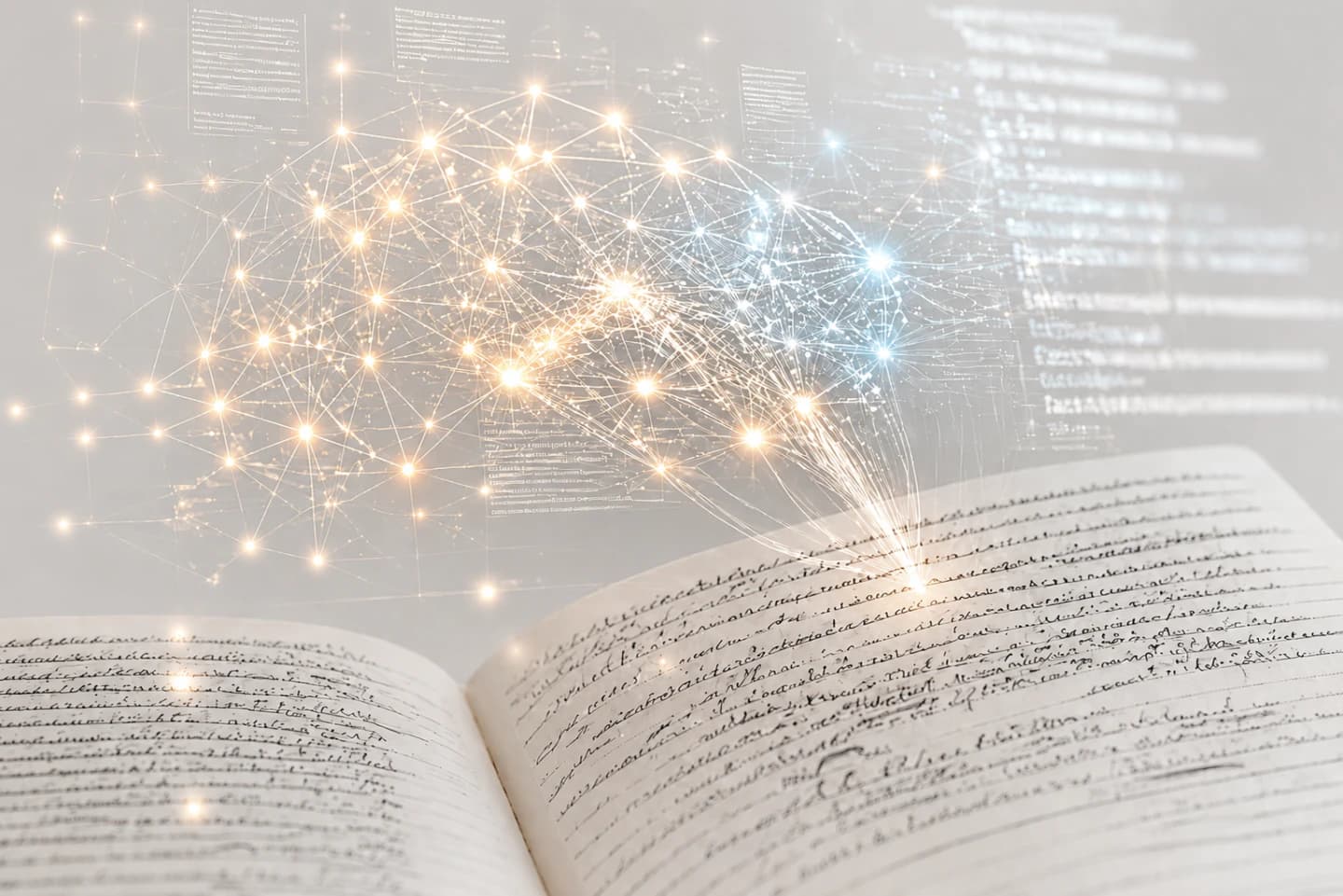 Abstract visualization of AI processing handwritten notes as a glowing neural network
