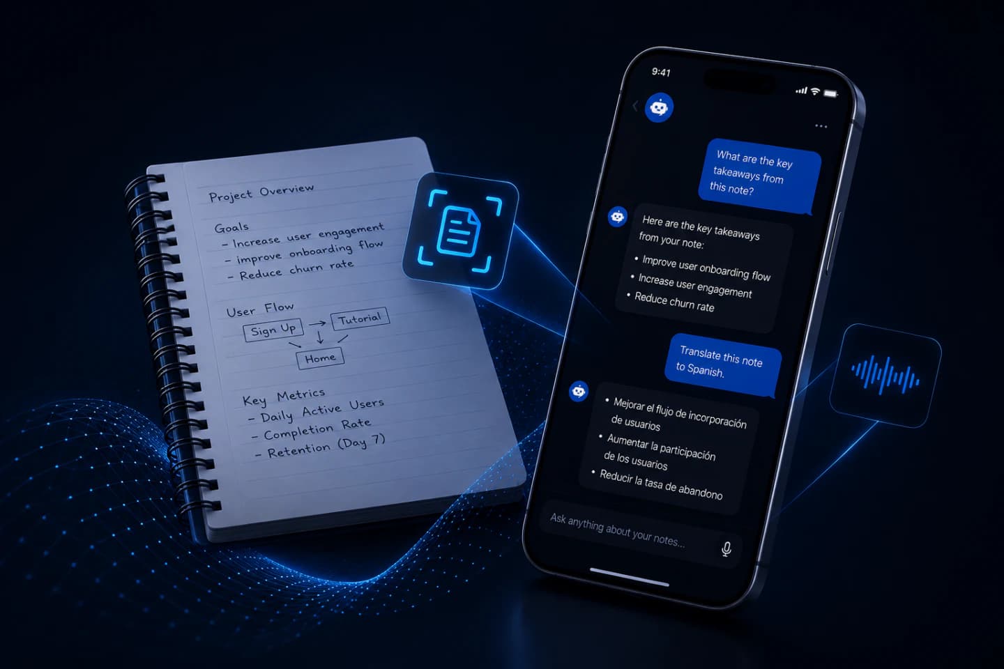 Phone screen showing an AI chat assistant answering questions about handwritten notes