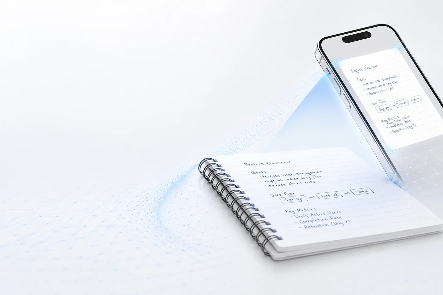 Sleek smartphone scanning a handwritten notebook page with a crisp blue scanning beam