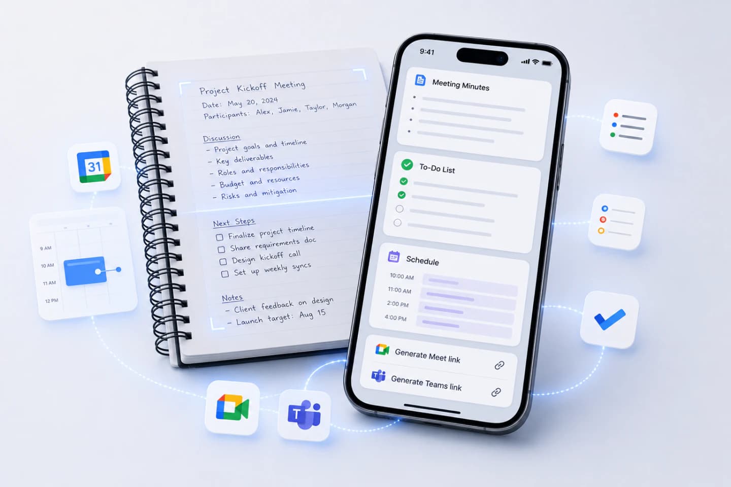 Tablet showing handwritten notes turned into a structured task list and calendar
