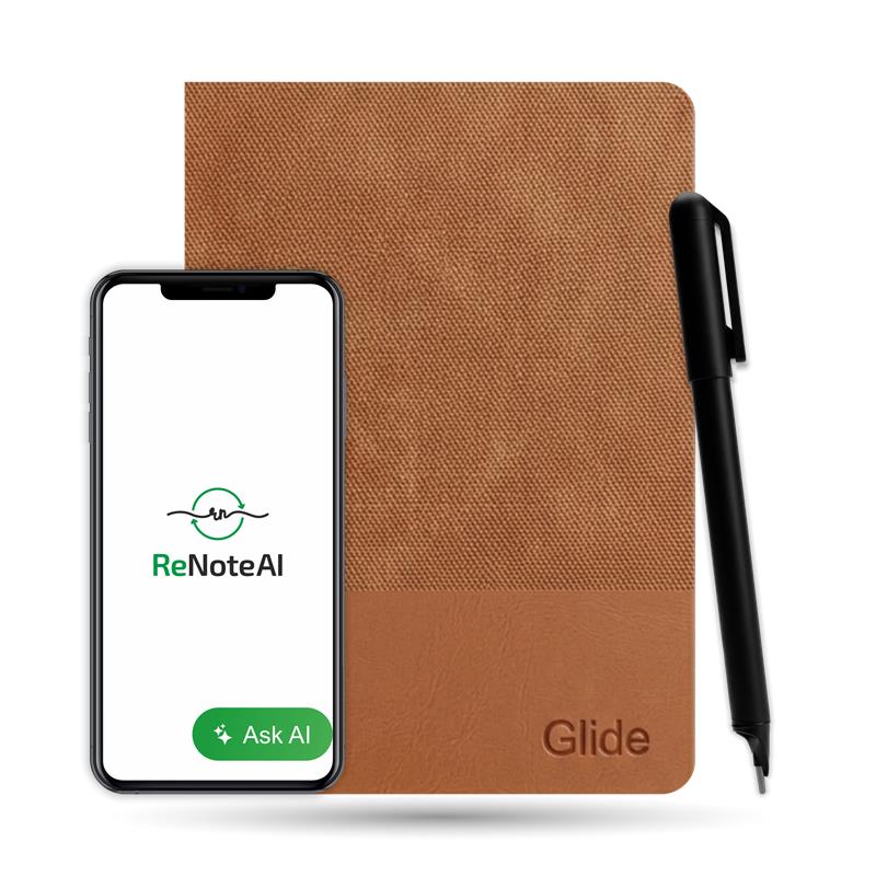 Brown notebook with a GPTpen and smartphone displaying the ReNoteAI app on a white background